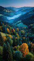 Autumn colors paint the serene valley landscape during early morning in the mountains photo