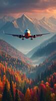 Aircraft flying over a colorful autumn landscape with mountains in the background at sunset photo
