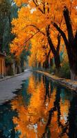 Stunning autumn landscape with vibrant orange trees reflecting on a calm river photo