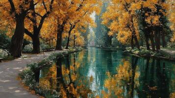 hermosa otoño parque con vibrante amarillo hojas reflejando en tranquilo agua foto