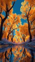 Vibrant autumn trees reflecting in a calm stream under a clear blue sky at dusk photo