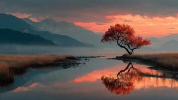 Vibrant sunset over a tranquil lake with a solitary tree and mountains in the distance photo