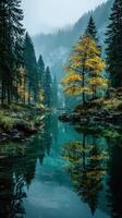 Autumn reflections on a tranquil river surrounded by dense forest in the early morning mist photo