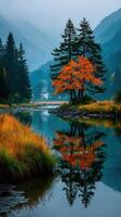 Autumn reflections in a serene mountain landscape with vibrant trees and calm waters photo