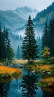 Serene mountain landscape featuring a tranquil lake and towering pine trees in the early morning fog photo