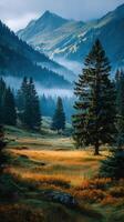 Lush green valley in the mountains with mist and golden grass under a dramatic sky at dawn photo