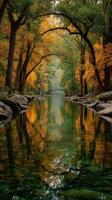 Autumn colors reflect in tranquil river surrounded by trees in peaceful natural setting photo