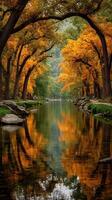 Autumn trees line a serene river reflecting vibrant colors in a peaceful landscape photo