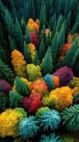 Vibrant autumn forest with a mix of colorful foliage and evergreen trees in a remote location photo