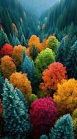 Vibrant autumn foliage contrasts with green conifer trees in a mountainous valley at sunrise photo