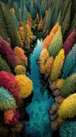 Colorful autumn forest along a tranquil river surrounded by vibrant trees in a serene landscape photo