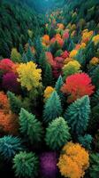 Vibrant autumn colors create a stunning tapestry in a dense forest during the fall season in North America photo