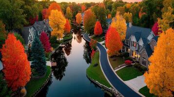 Vibrant autumn foliage reflects on a serene canal in a suburban neighborhood during sunset photo