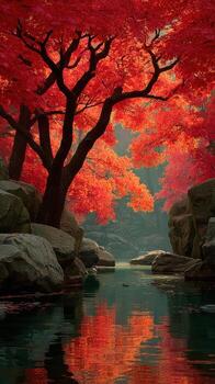 Vibrant autumn foliage reflects in a serene river surrounded by rocky terrain in a tranquil forest setting photo