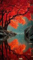 Stunning autumn landscape with vibrant red foliage reflecting in calm water near rocky shore photo