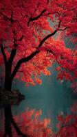 Vibrant red maple tree reflecting in serene water at dawn in a tranquil forest setting photo