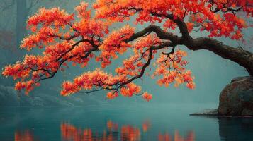 Vibrant red maple tree over serene lake during autumn morning light with mist rising photo
