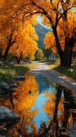 Vibrant autumn landscape featuring golden trees and reflective water in a serene rural setting photo
