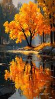 Vibrant autumn tree reflects in tranquil river water in a serene natural setting during golden hour photo