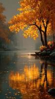 Vibrant autumn foliage reflecting on calm river in tranquil morning light photo