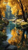 Tranquil autumn landscape with golden trees reflecting on a calm river in the morning light photo