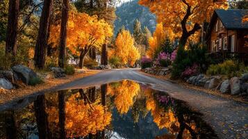 Vibrant autumn landscape with colorful trees and a reflective puddle along a quiet road in a mountain town photo