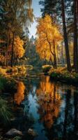 Picturesque autumn landscape with golden trees reflecting in a tranquil stream at sunrise photo