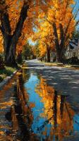 Vibrant autumn street with golden leaves and mirrored reflections in a tranquil neighborhood setting photo
