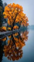 Vibrant autumn trees reflect in calm water near a peaceful house in a serene landscape at dusk photo