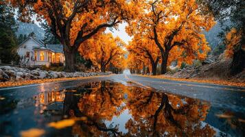 Vibrant autumn foliage reflects on a quiet road lined with golden trees in a serene landscape photo