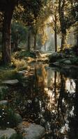 Calm afternoon at a serene forest stream reflecting golden sunlight through the trees photo