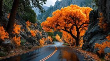 Vibrant autumn trees line the winding road through mountains as leaves change color near sunset photo