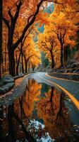 Autumn road surrounded by vibrant orange trees reflecting in water puddles photo