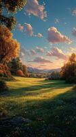 Vibrant autumn landscape with golden leaves and a sunset over rolling hills in a serene countryside photo