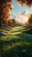 Golden autumn light fills a serene meadow with colorful trees and fluffy clouds in the late afternoon photo