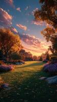 Golden sunset illuminates a tranquil park filled with colorful autumn foliage and blooming flowers in the early evening photo