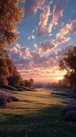 Sunset over a serene valley with colorful skies and lush greenery in early autumn photo