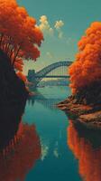 Vibrant autumn landscape with a bridge and colorful foliage by the water in a serene setting photo