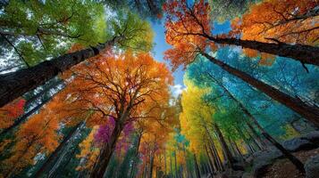 Colorful autumn foliage illuminates a forest in vibrant hues during a sunny day photo