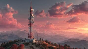 Telecommunications tower stands tall against a vibrant sunset in a mountainous landscape photo