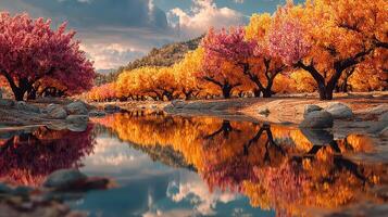 Autumn colors reflect in serene river within a vibrant landscape of blooming trees photo