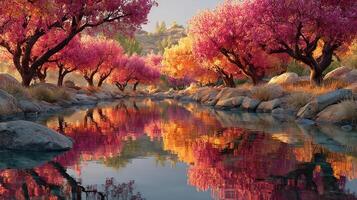 Beautiful cherry blossoms reflect in a tranquil river during sunset near a serene landscape in springtime photo