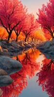 Vivid autumn landscape with cherry trees reflecting on serene water at sunset photo