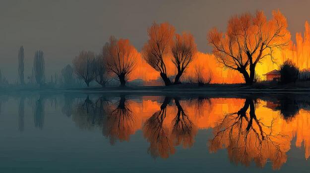 Sunset reflections over tranquil lake with silhouetted trees in serene evening landscape photo