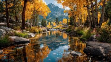 Stunning autumn landscape featuring a serene river reflecting golden trees in a mountainous area photo