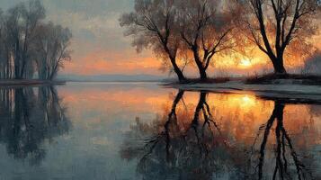 Sunset reflections over tranquil river surrounded by trees in serene landscape during evening hours photo