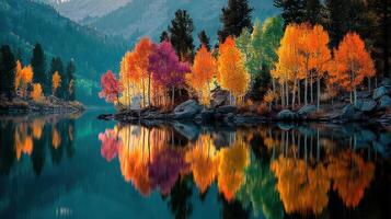 Colorful autumn foliage reflecting on a tranquil lake in a serene mountain landscape during sunset photo