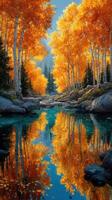 Vibrant autumn landscape showcasing golden trees beside a serene river in a tranquil setting photo