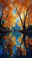 Autumn reflections in a serene river surrounded by vibrant orange trees photo