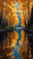 Vibrant autumn colors reflect in a serene river surrounded by golden trees in a forested landscape photo